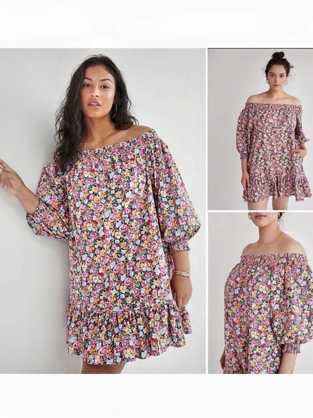 Maeve Cotton Off-Shoulder Printed Mini Dress Pink & Black Small